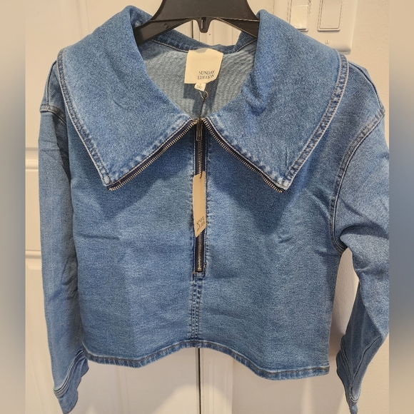 Sunday Edition Tops - Denim Peter Pan Collar Zip-Up Shirt